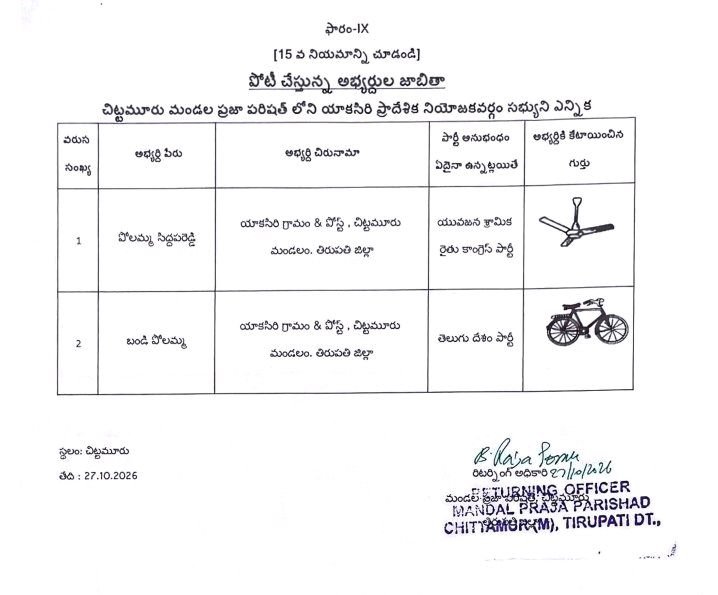 చిట్టమూరు మండల ఎంపీటీసీ అభ్యర్థుల తుది జాబిత ప్రకటన
