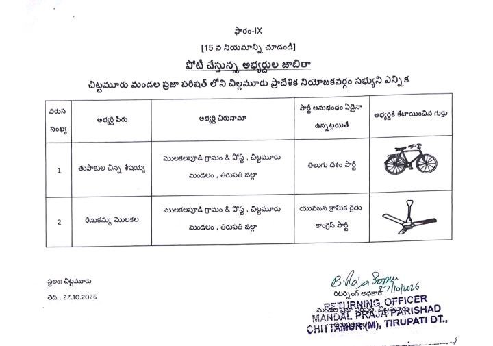చిట్టమూరు మండల ఎంపీటీసీ అభ్యర్థుల తుది జాబిత ప్రకటన